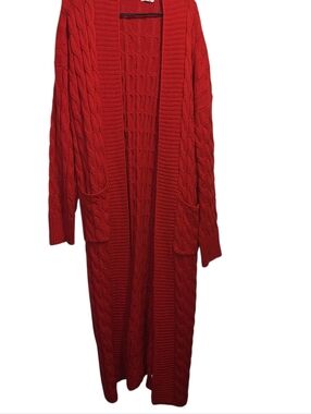 Long Red Cable-Knit Open Cardigan Sweater Duster  Large